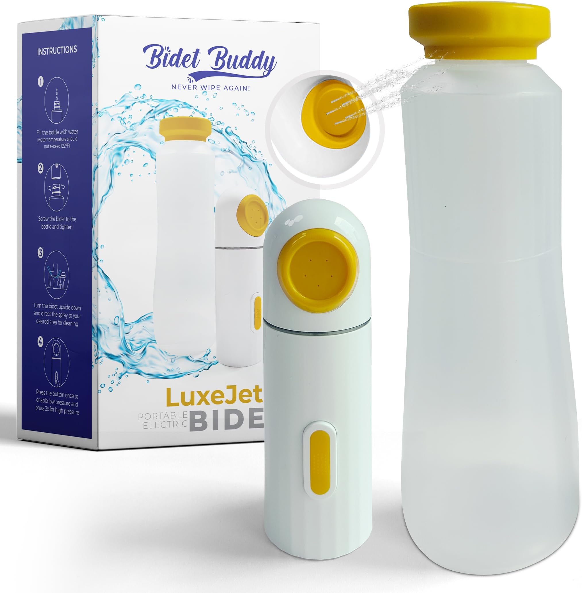 BIDET BUDDY® LuxeJet Portable Bidet for Travel | Electric Handheld Rechargeable Bidet Sprayer | Waterproof Gentle Pressure Personal Cleaning Device for Women, Men, Baby & Postpartum | USB C - V1