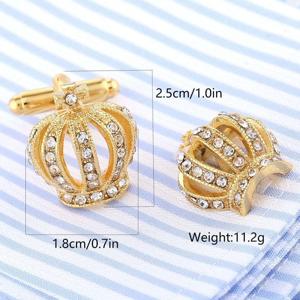 Rhinestone Crown Pair Cufflinks for Men Women Crystal 3D Tie Bar Clips Cuff Links Elegant Jewelry Gift Christmas Wedding Birthday Valentine Dress Accessories