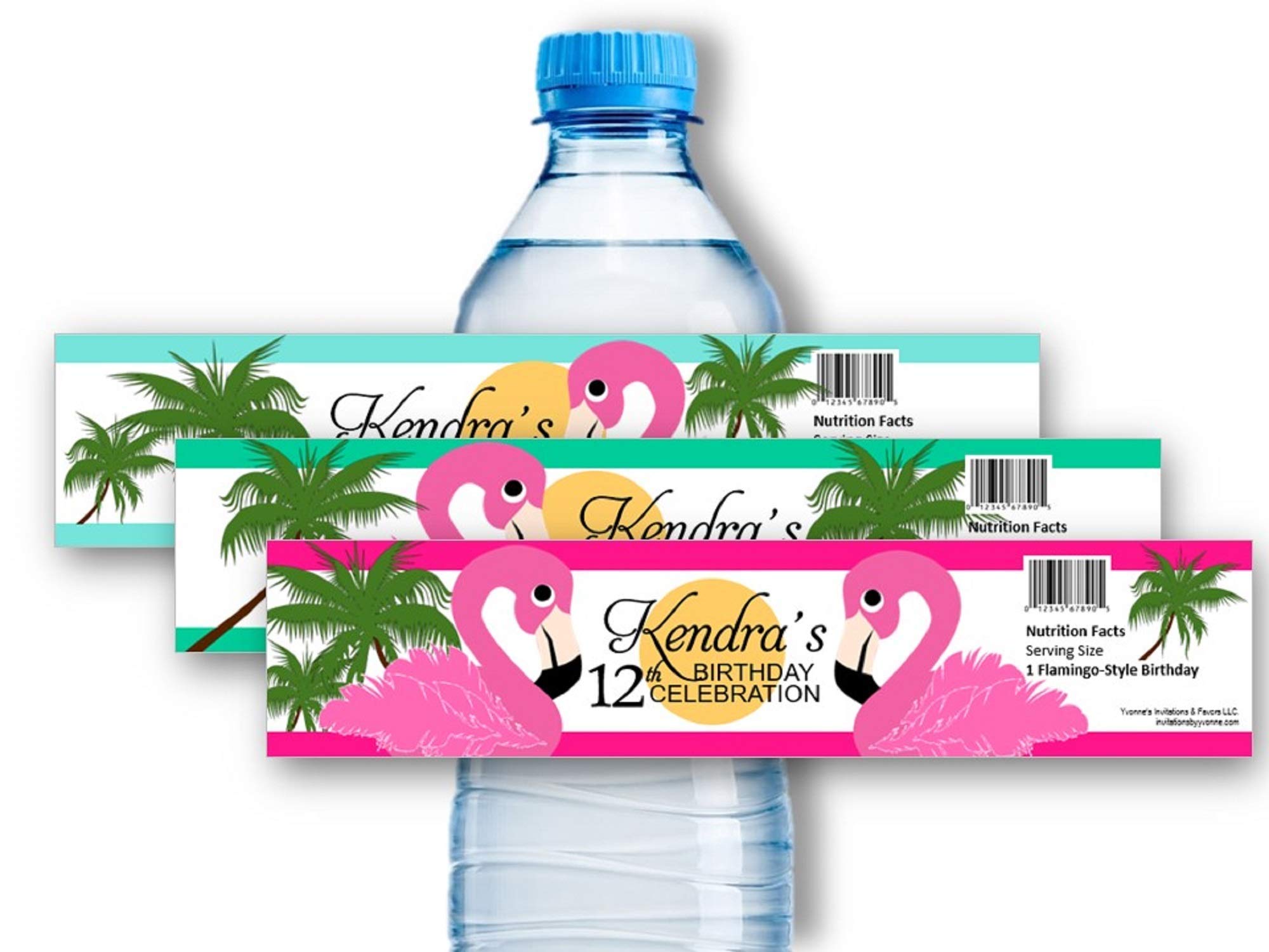 Flamingo Water Bottle Labels Wrappers Personalized-Hawaiian Luau-Summer Tropical Birthday-30th 40th 50th 60th Birthday (Set of 12)