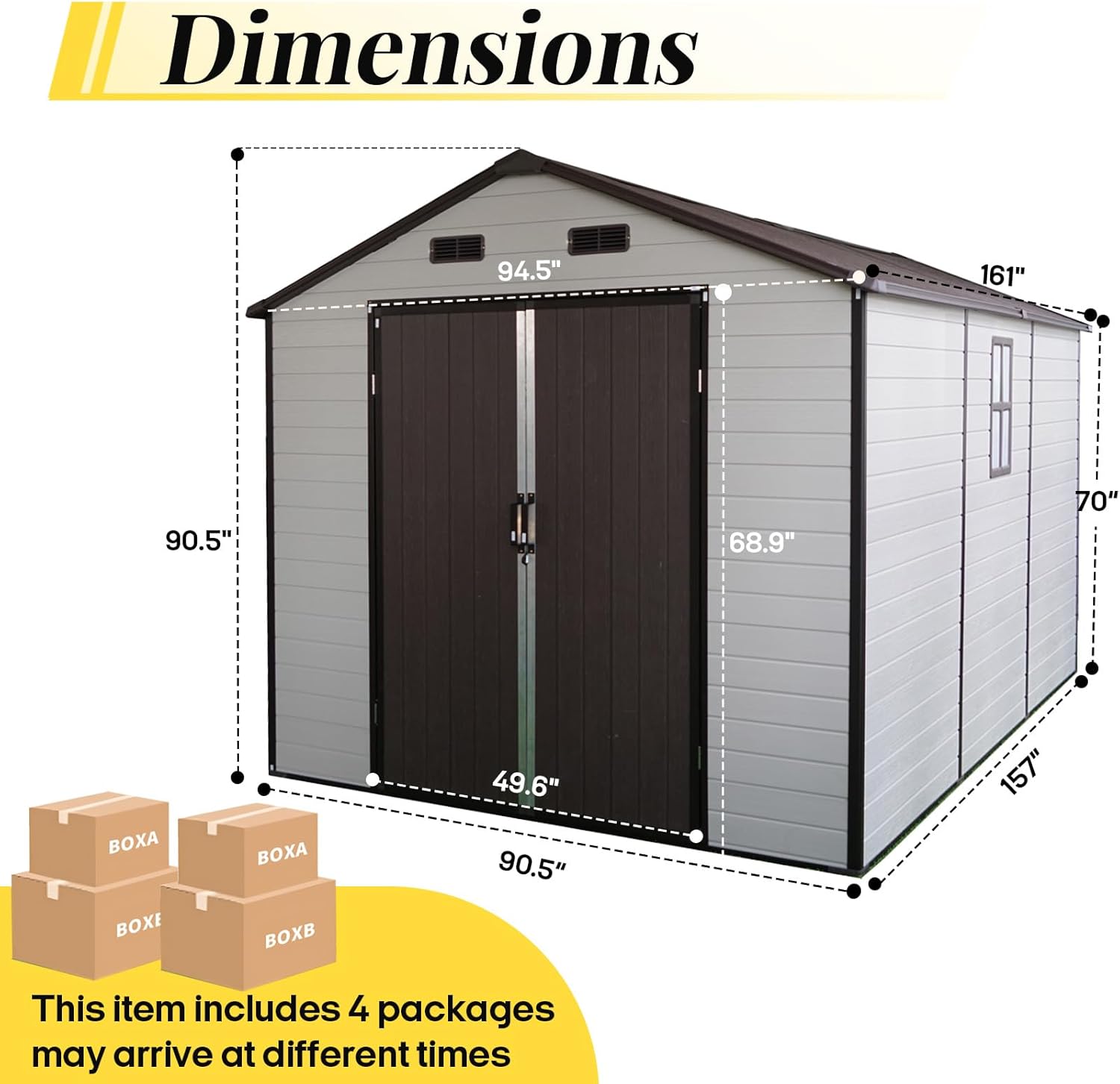 8x14 FT Resin Storage Shed with Floor, Lockable Outdoor Storage with Vents, 2 Windows, Aluminum Frame for Backyard Garden Patio Lawn, All-Weather Use (Brown+White)