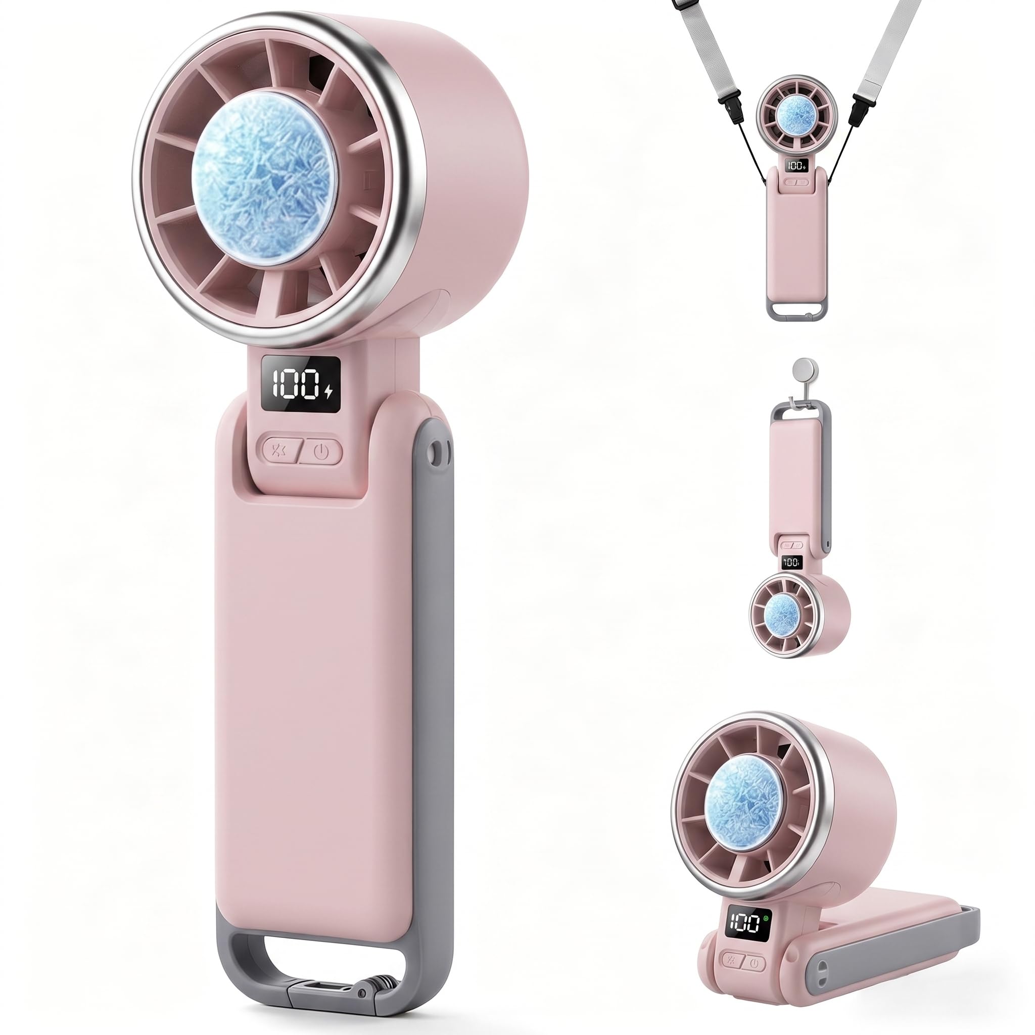 Cliffora Foldable Portable Fan for Travel, 3 in 1 Neck & Desk Cooling Fans, 4000 mAh High Speed Handheld Fan, Ice Compress Hand Held Fans (Pink)