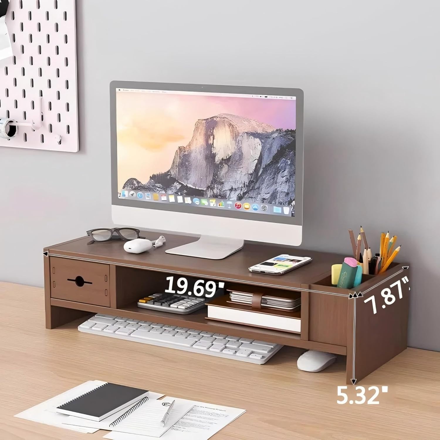 Monitor Stand Riser with Drawer & Pen Holder, Solid Wood Desktop Organizer with Keyboard Storage, Ergonomic Computer Stand for Desk, Space-Saving Monitor Shelf for Home Office Dorm (Walnut)