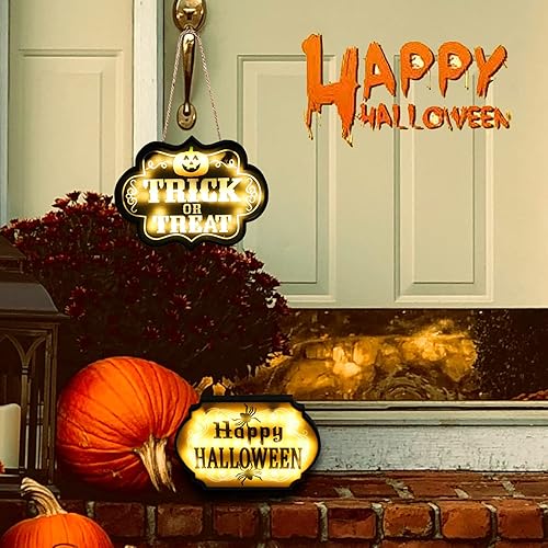 Miniatura 2 de Fristmas Paquete de 2 letreros LED de madera para colgar en la puerta de Halloween, decoración de puerta delantera, ventana de pared iluminada,