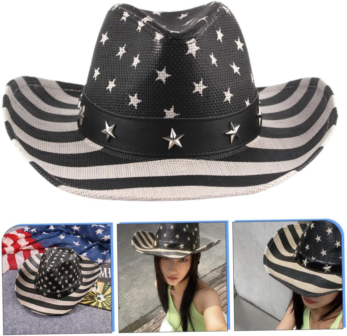 VANZACK American Flag Western Cowboy Straw Hat Unisex Summer Sun Hat Decorative Fourth of July Outdoor Wear Black