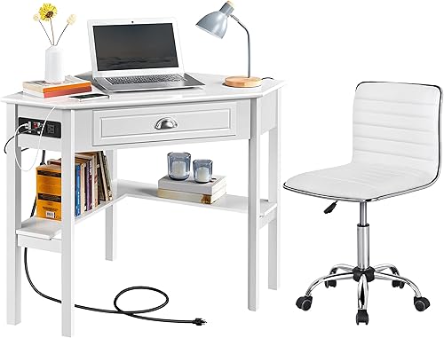 Yaheetech Juego de muebles de oficina en casa, escritorio esquinero en forma de L con salidas y puertos USB para espacios pequeños, silla ajustable