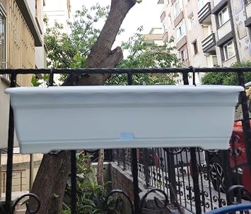 51cm Beyaz Balkon Saksısı+Demir Taşıma Saksı Askılarıyla Tam Set Küpeşteye Monte Dekoratif Çiçeklik
