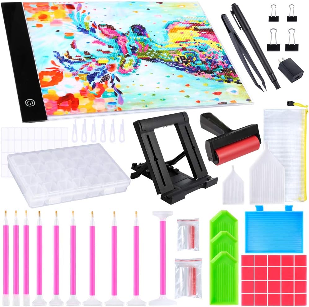 PP OPOUNT 116 PCS A4 LED Light Pad Kit with Diamond Painting A4 LED Light Box, Diamond Stitch Pen, Tweezers, Tablet Stand, Roller and Tools for Adults Full Drills Partial Drills Painting