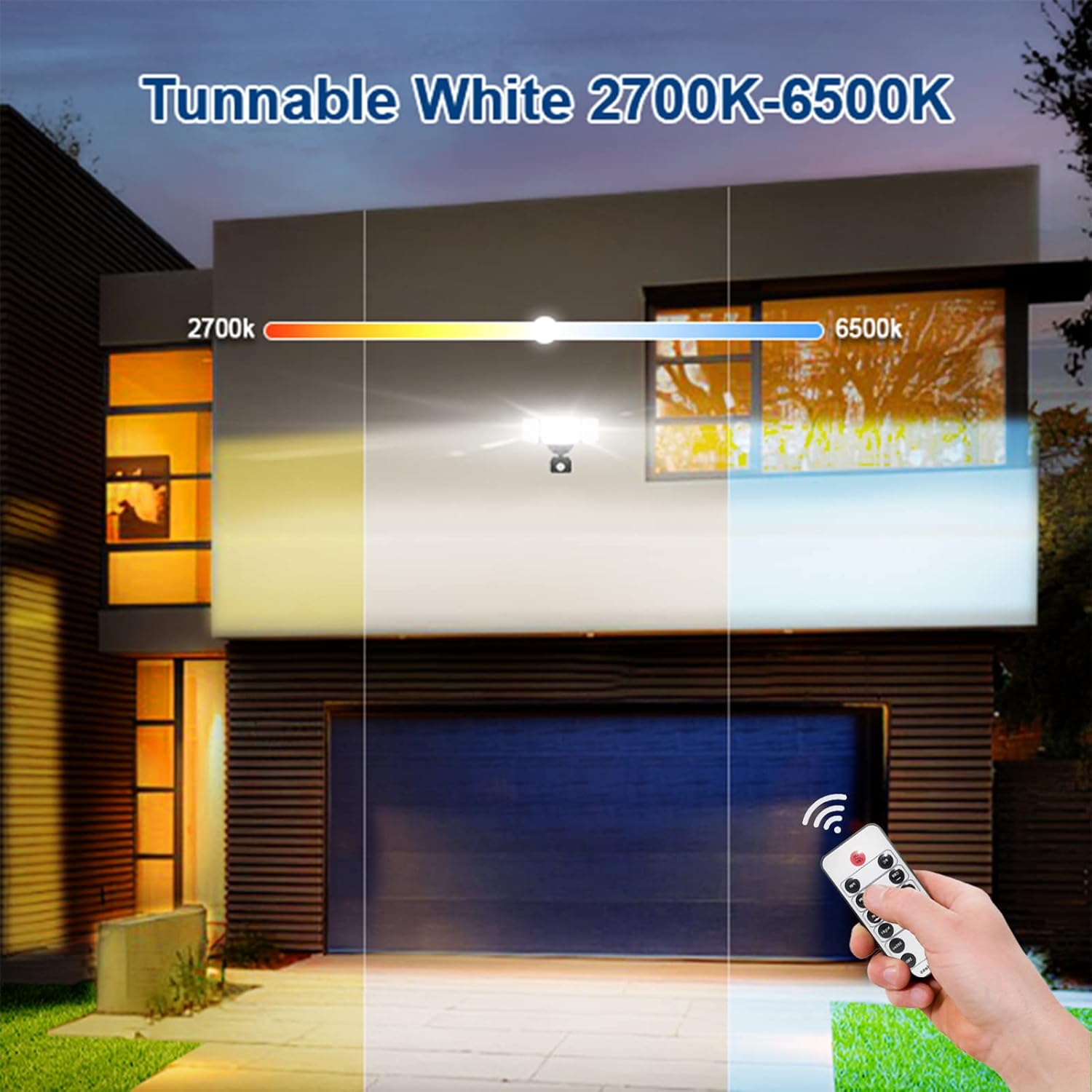 EMANER 28W Outdoor Motion Sensor Flood Light with Remote - No Ladder Adjustment, Tunable 3000K-6000K Dimmable, 110V AC Hardwired IP65 Waterproof for Eave/Garage/Patio