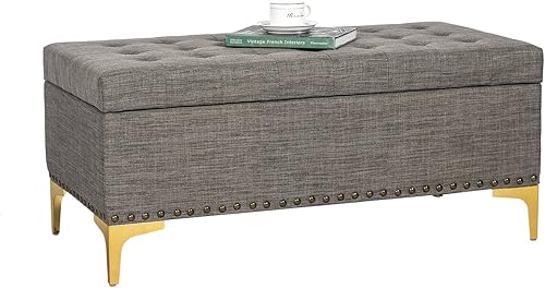 Miniatura 69 de Adeco Otomana de almacenamiento, banco tapizado rectangular de piel sintética con patas de madera, reposapiés, mesa de café para sala de estar,