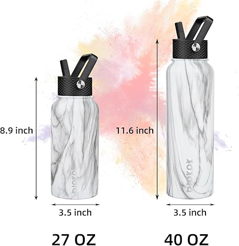 Miniatura 4 de BJPKPK - Botellas de agua aisladas con tapa de popote, botella de agua de acero inoxidable de 27 onzas con 3 tapas, termo de metal libre de BPA a