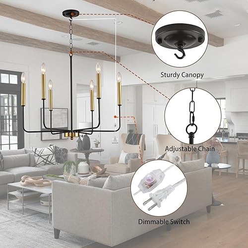 Miniatura 5 de HOXIYA Lámpara de araña regulable con cable de 25.6 pulgadas, 6 luces negras y doradas, moderna lámpara de casa de campo para comedor, estilo