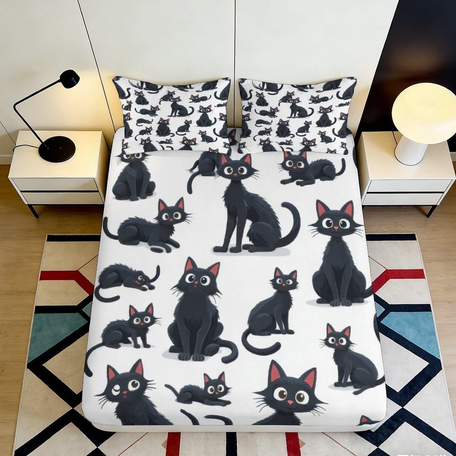 Dhbaneiok Style-3 3D Printed Black Cat Fitted Sheet Microfiber Soft Breathable Cartoon Kitty Bed Cover For Bedroom Guest Room Decor 90X200x25cm