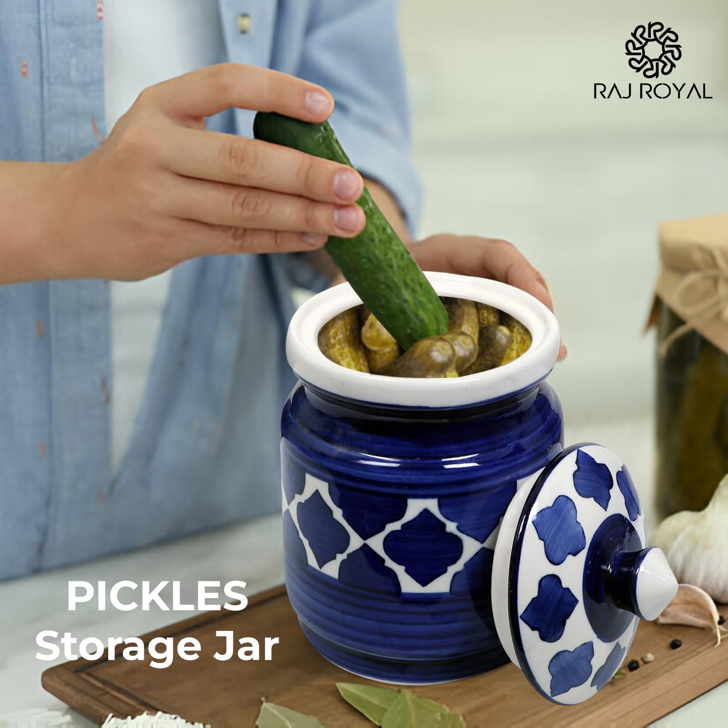RAJ ROYAL Ceramic Hand Painted Pickle Cornichon Jar with Lid - 1.25 kg Achar Burni | Pickels Containers | Traditional Airtight Clay Canister Storage for Pickles, Chutney and Kitchen Essentials (Blue) - Image 2 thumbnail