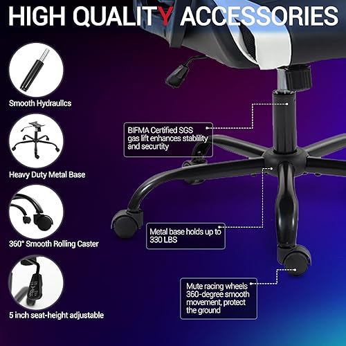 Miniatura 8 de Silla de videojuegos de piel sintética para masaje, silla de videojuegos para PC con soporte lumbar para hombres y mujeres, oficina en casa, altura