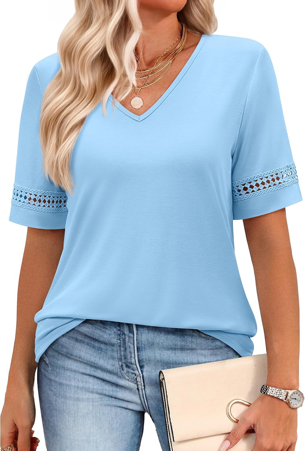 siliteelon Womens Tops V Neck Lace Short Sleeve T Shirts for Dressy Casual Summer 2026 Trendy Clothes