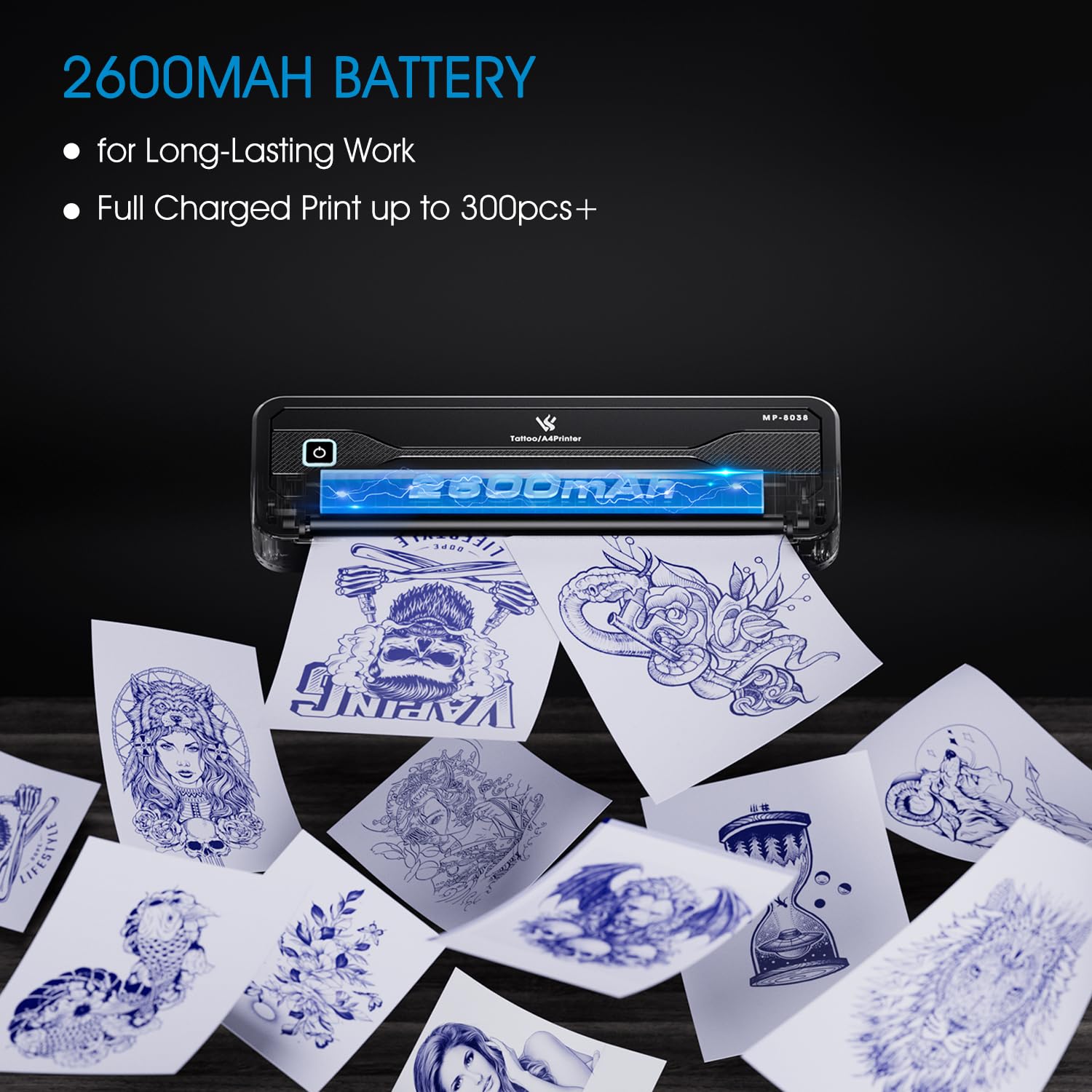 Stampante Stencil Tattoo Bluetooth MP-8038 Stampante Termica Tattoo 2600mAh | LIUMATE Stampante per Tatuaggi con 10 Fogli di Carta per Tatuaggi, Compatibile con Smartphone Tablet e PC per Artisti