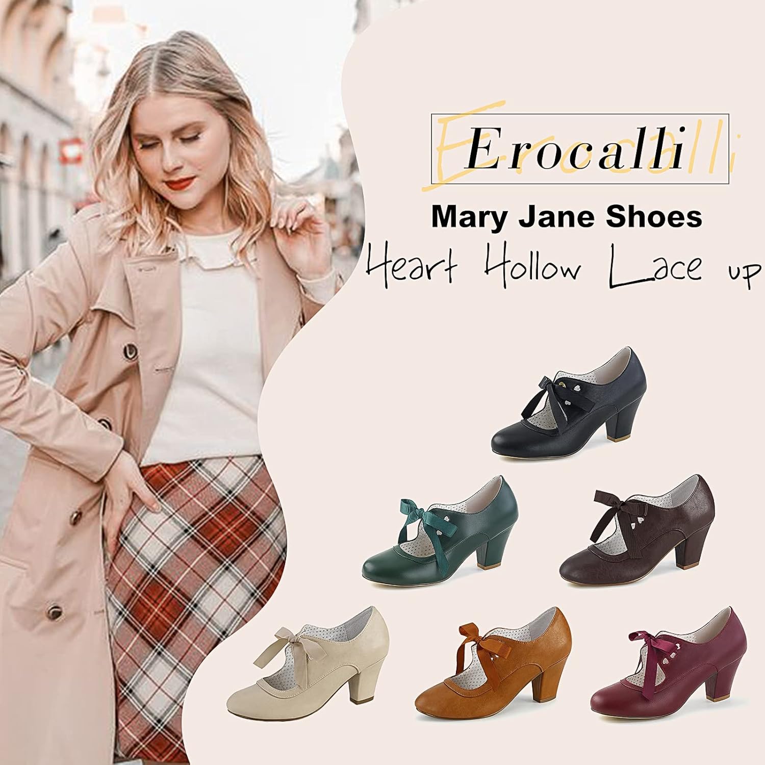 Erocalli Women's Mary Jane Pumps Chunky Block Shoes Heart Hollow Adorable Vintage Shoes Unique Round Toe Lace Up - Image 2