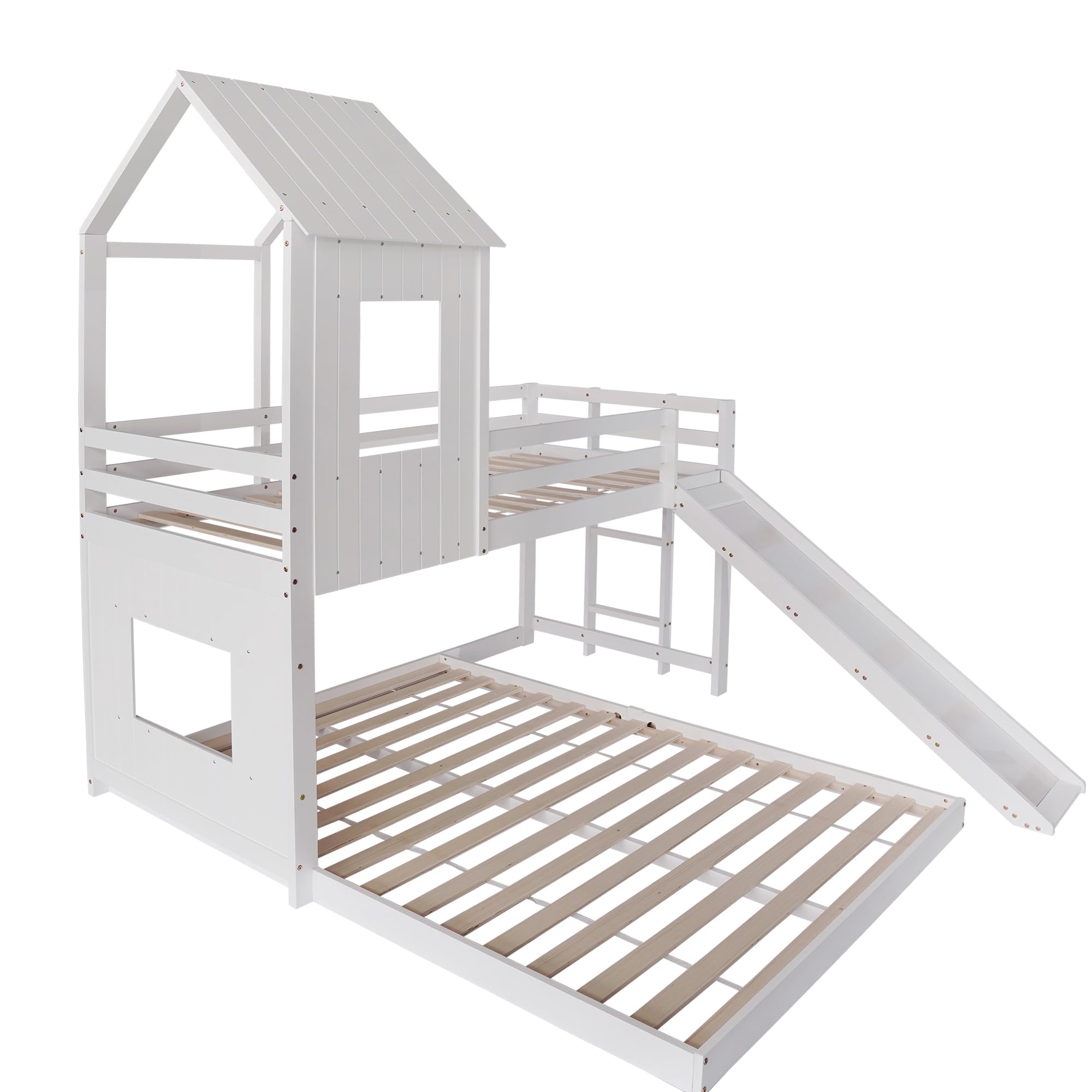 Rtopsu Letto per Bambini a Castello 90x200 cm & 140x200 cm con Scivolo, Letto a Soppalco con Scala, Struttura del Letti con Rete a Doghe in Legno, Letti Casa per Ragazzi, Bianco, Senza Materasso