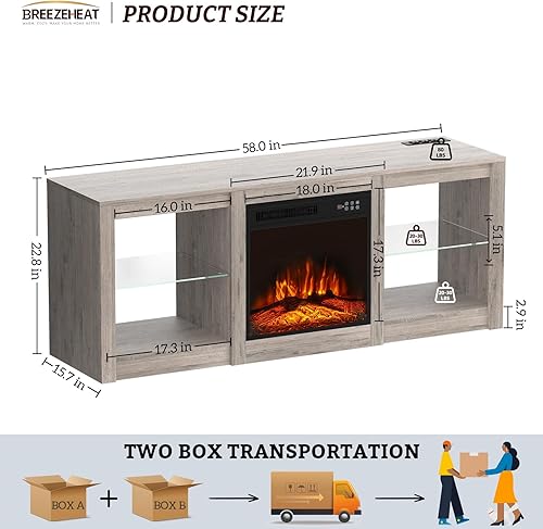 Miniatura 74 de BREEZEHEAT Soporte de TV eléctrico con chimenea de 36 pulgadas de hasta 80 pulgadas, centro de entretenimiento LED con puertas de alto brillo,