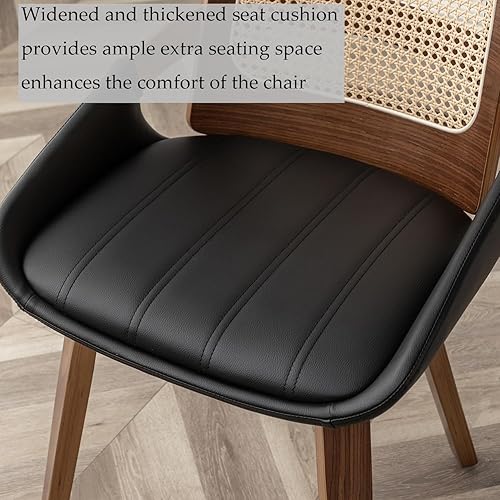 Miniatura 6 de Juego de 1 silla de comedor de ratán, silla moderna de mediados de siglo con respaldo ergonómico de caña, marco de madera curvada, asiento de piel