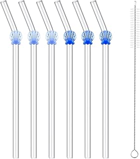Honeydak 6 Pcs Reusable Glass Straws with 1 Cleaning Brushes, Glass Straws Shatter Resistant Drinking Straw Beach Ocean Themed Party Favors Bridal Engagement Drinkware Decor (Shell,Blue)