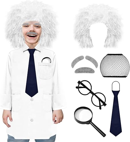 Kids Mad Scientist Costume 9 Pcs Set With Wig 100th Day of School Old Man Albert Einstein Costume for 5-14 Years