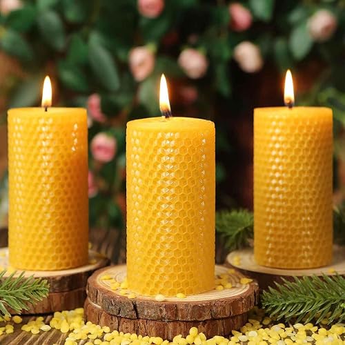 Beeswax Pillar Candles,Non-Toxic Honeycomb Bees Wax Candle for Home,Yellow | 2x4 inch,3 Pack,60 H long clean Burning,100% Pure,natural unscented,smokeless,candle for home,emergency,prayer,dinner