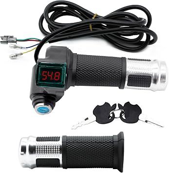1Pair E-Bike Throttle Grip, 12v-84v Universal Electric Bicycle Throttle Grips with Key, LCD Battery Voltage Display for Motorbike Motorcycle E-Bike