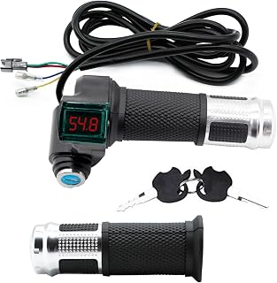 1Pair E-Bike Throttle Grip, 12v-84v Universal Electric Bicycle Throttle Grips with Key, LCD Battery Voltage Display for Motorbike Motorcycle E-Bike