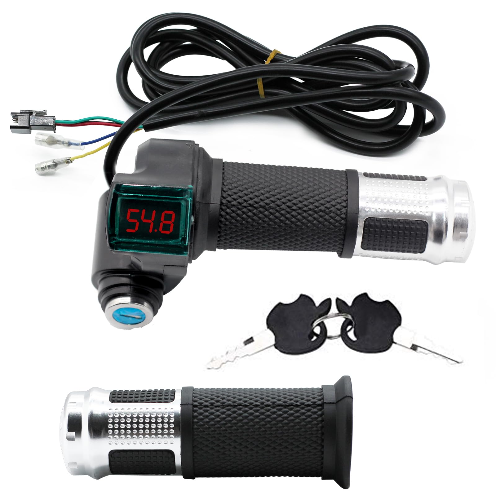 1Pair E-Bike Throttle Grip, 12v-84v Universal Electric Bicycle Throttle Grips with Key, LCD Battery Voltage Display for Motorbike Motorcycle E-Bike