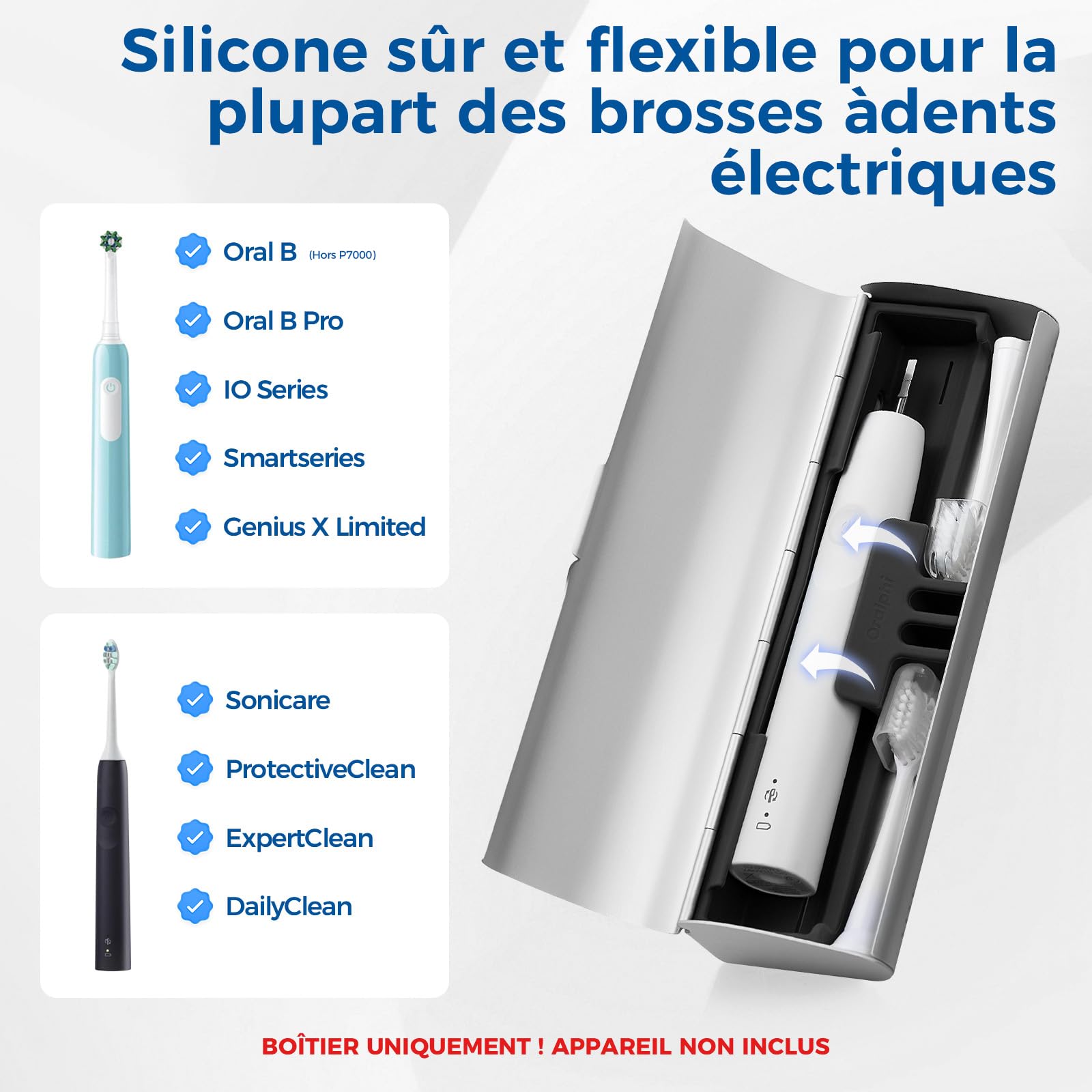 Etui Brosse a dent Electrique pour Oral B/Oral-B Pro/Oral-B IO/Philips Sonicare 4100 5300 et la Plupart des Autres Marques de brosses à Dents,Boite Brosse a dent pour Voyage,Maison,Argenté