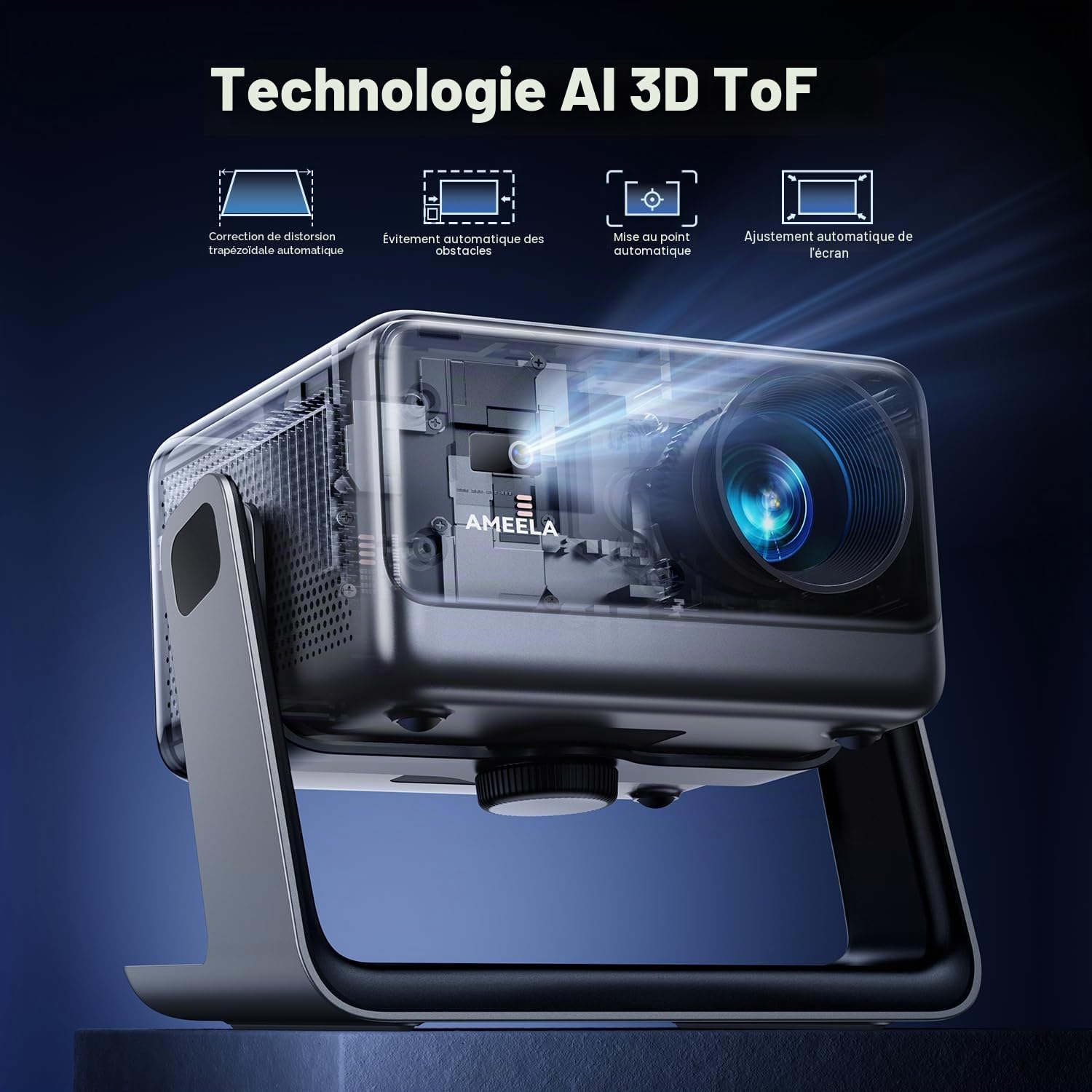 Vidéoprojecteur 30 000 lumens 【Dolby Audio】 Vidéoprojecteur AMEELA 1080P avec WiFi et Bluetooth, Mise au Point Automatique/Correction trapézoïdale 100 000 + Applications