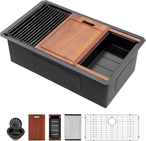 Miniatura 27 de Sarlai Fregadero de cocina empotrado de 30 pulgadas dorado - Fregadero de cocina de 76,2 cm x 45,7 cm con repisa para estación de trabajo de acero