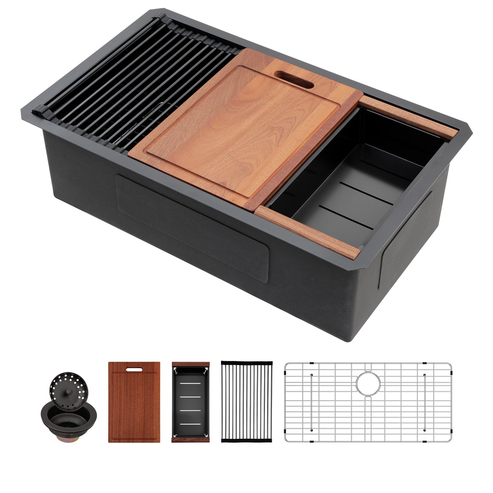 Sarlai 30 Matte Black Undermount Kitchen Sink Workstation