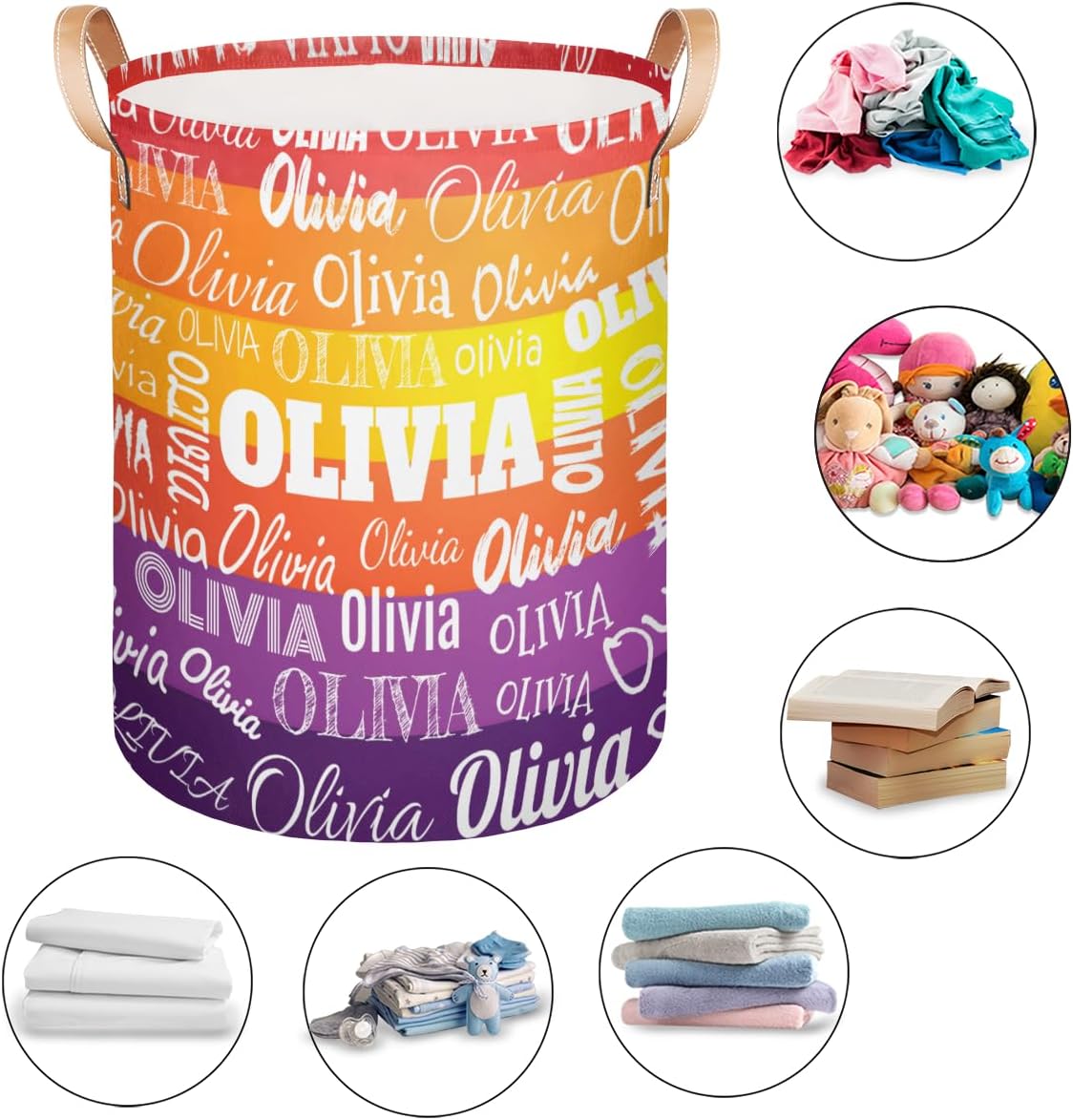 Custom Laundry Hamper Large Canvas Fabric Lightweight Storage Basket Toy Organizer Dirty Clothes Bin for College Dorms, Kids Bedroom,Bathroom, Purple Yellow Orange Striped