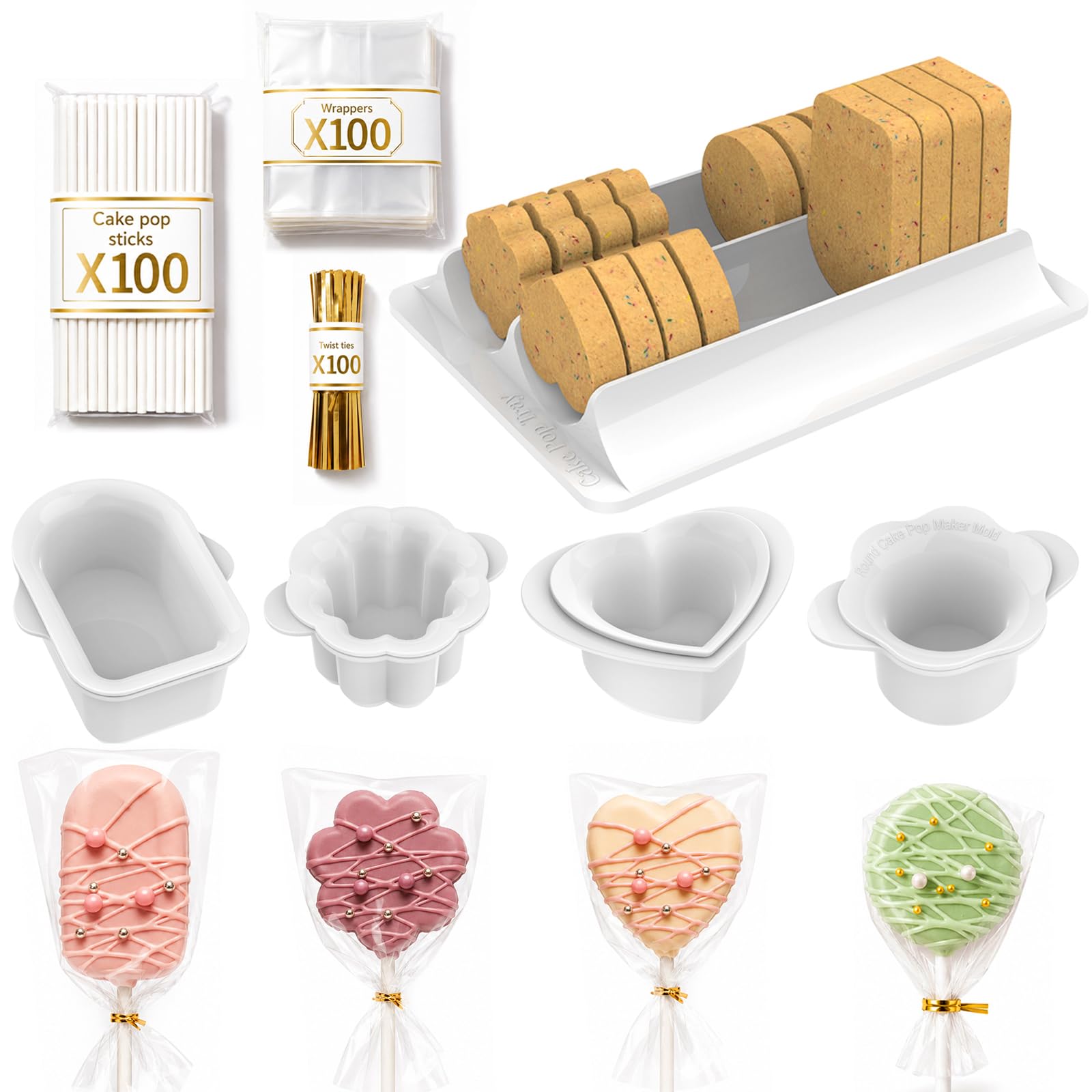 Cake Pop Molds Set, 4 Shapes with Tray, 100 Sticks Wrappers Ties