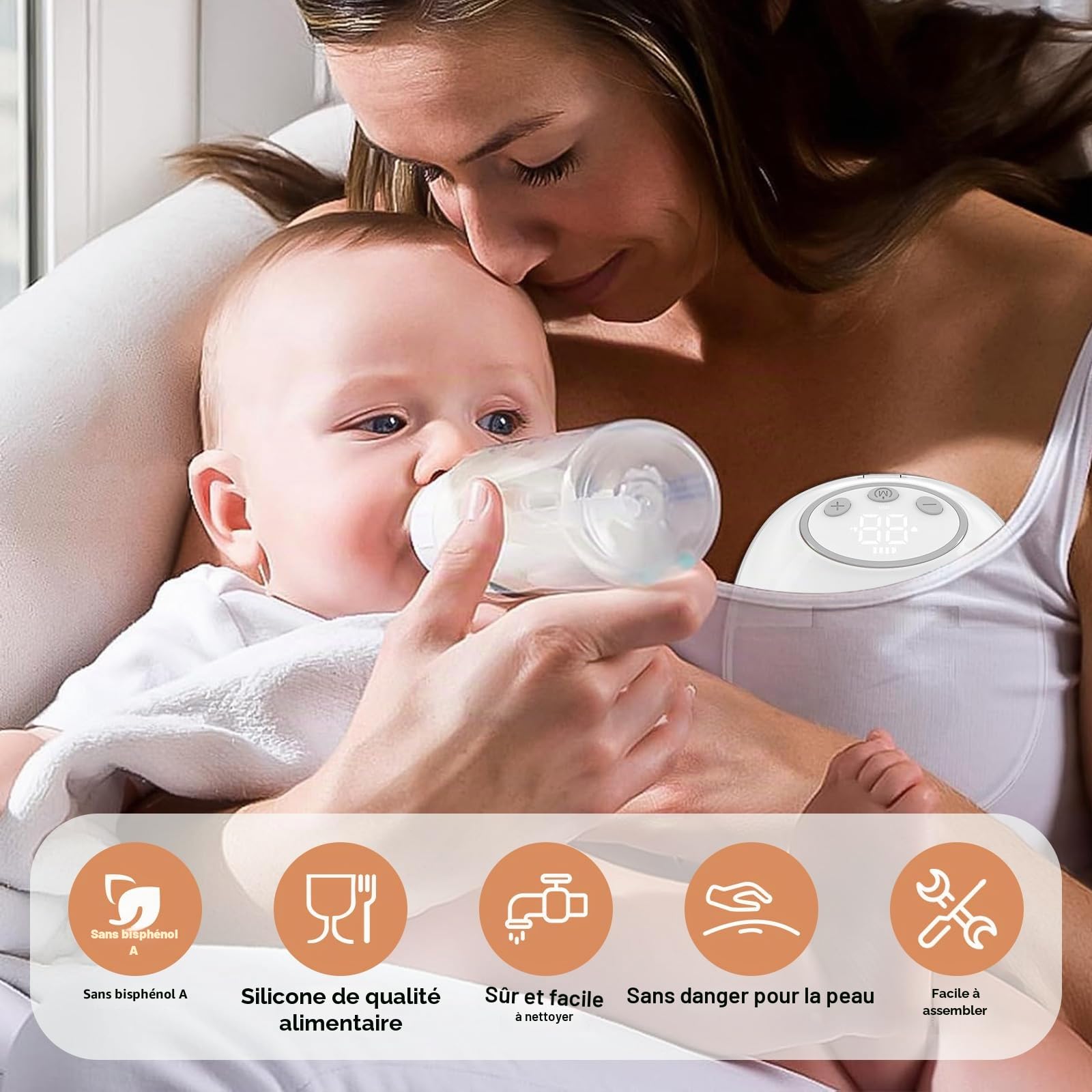 TOPCHANCES Tire-Lait Electrique Mains Libres Portable,4 Modes12 Niveaux,Extracteur de Lait Rechargeable avec Affichage LED,de la Bouche de Bébé Bride à Double Étanchéité,17/19/21/24mm(Blanc,2 Pièces）