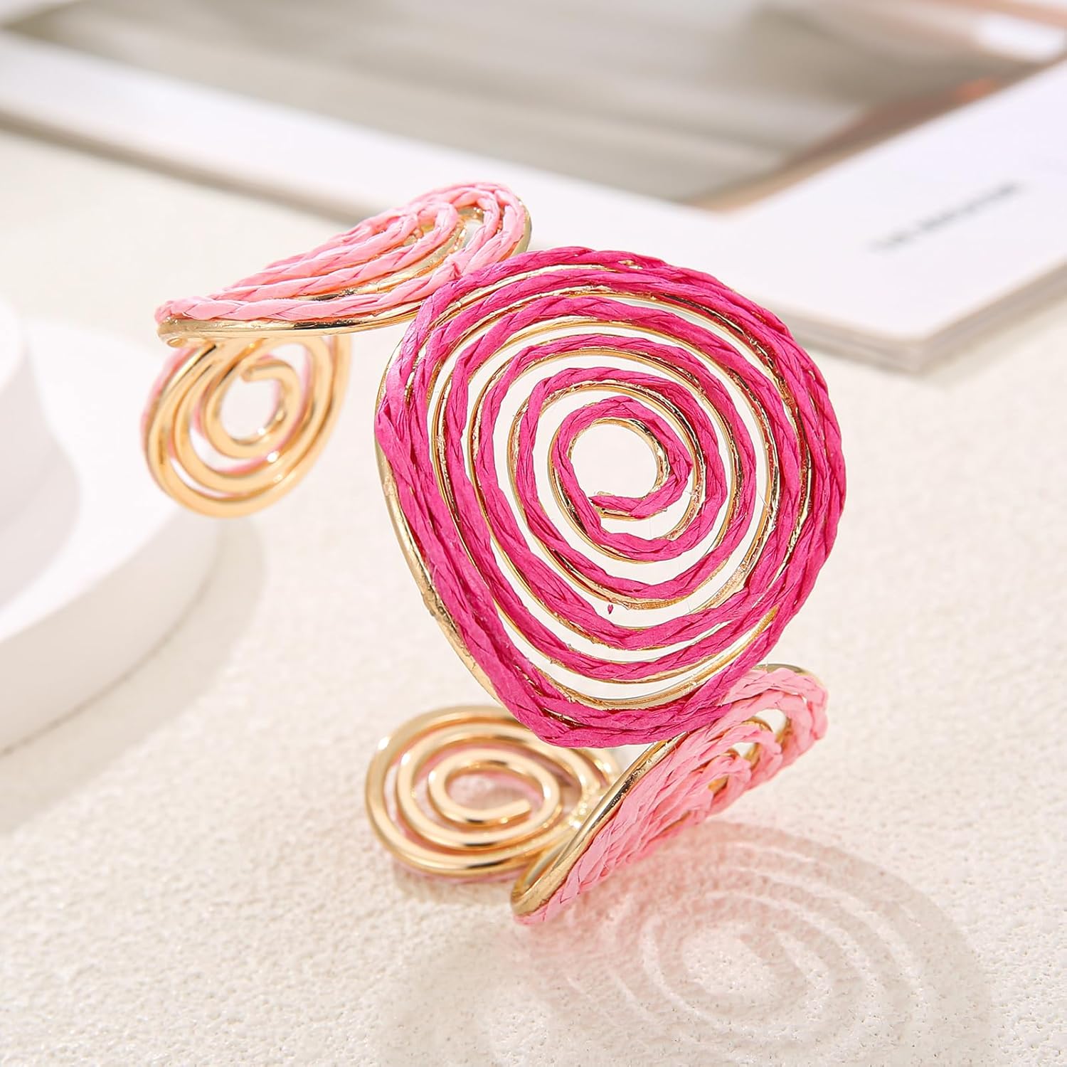 Raffia Spiral Cuff Bracelet for Women, Colorful Swirl Bangle Chunky Bangle Handmade Rattan Statement Bracelet - Image 5