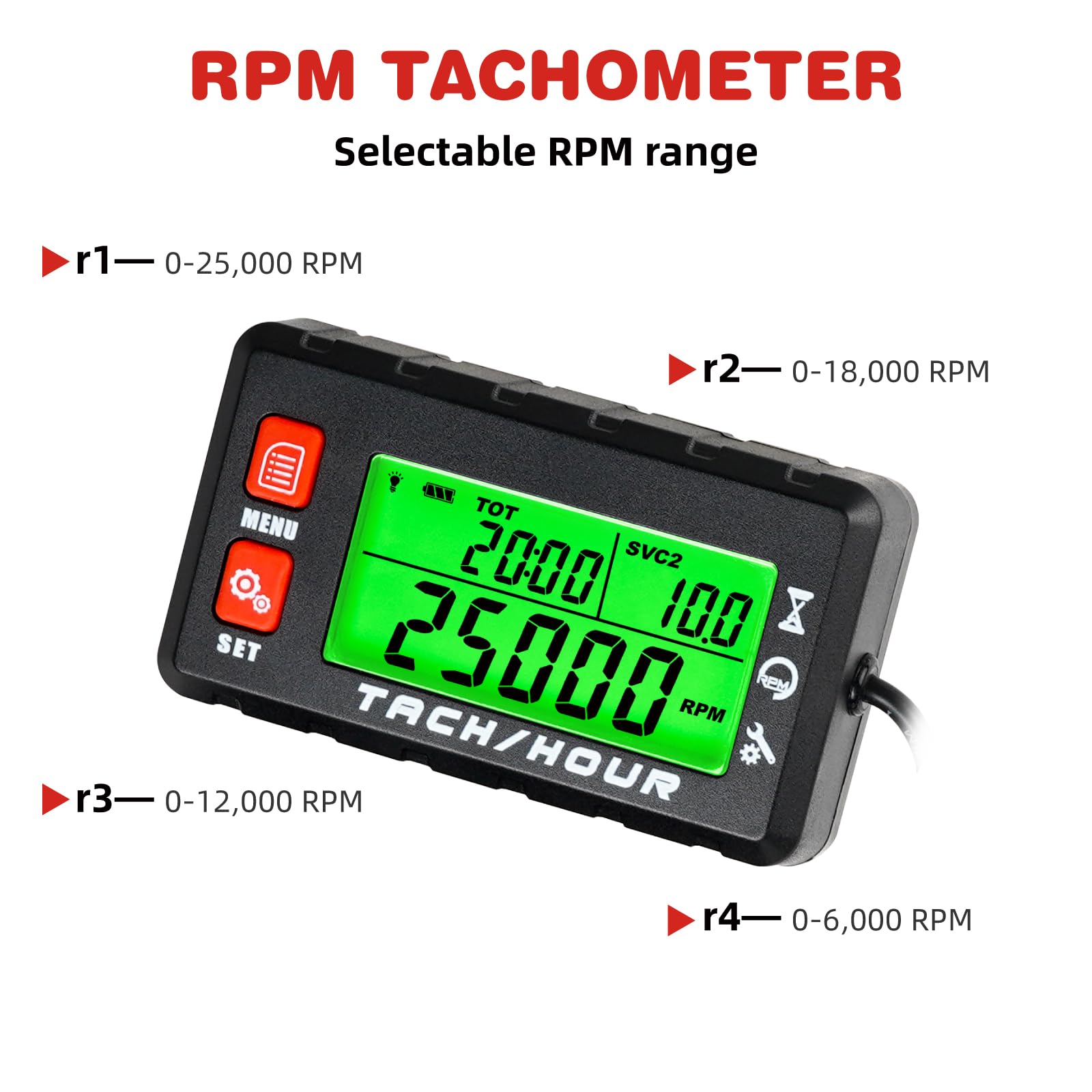 "RileyFine HM058J Compteur d’heure numérique Tachymètre, noir, 75 * 20 * 43 (millimetro) Tachymètre RPM, chronométrage TOT, rappel SVC et SVC2, utilisation pour tondeuse à gazon, tracteur, moto, VTT
