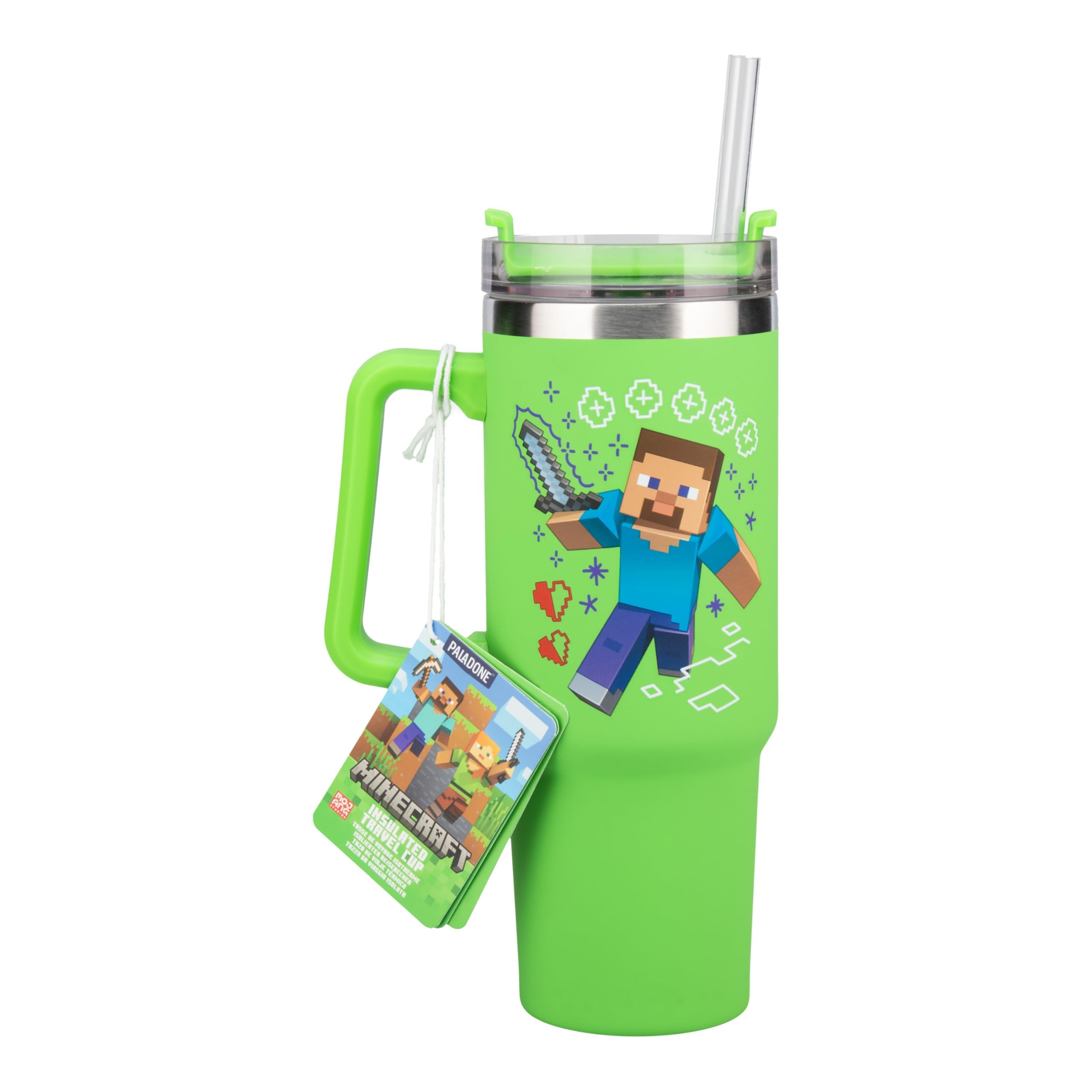 Paladone Minecraft Steve & Creeper 30 oz Green Insulated Cup and Straw, Officially Licensed Tumbler Travel Cup with Handle for Iced Tea or Coffee, Gaming Merchandise