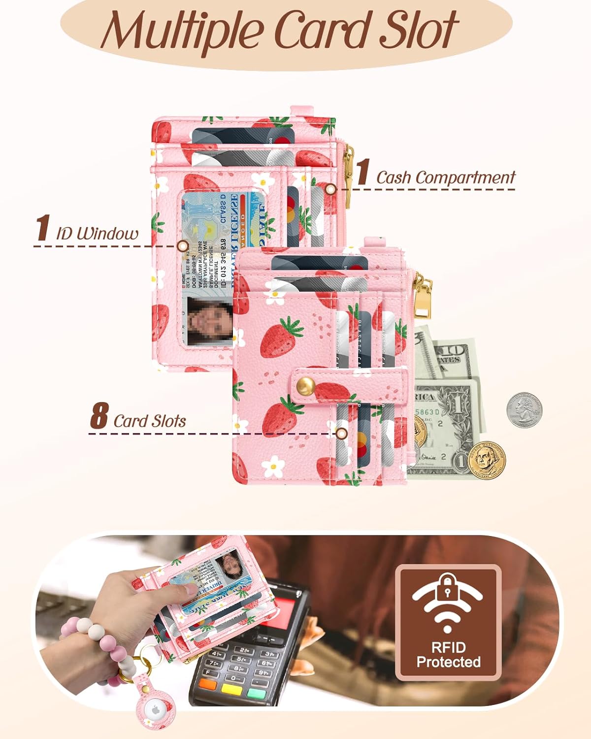 Wallet Keychain Wristlet for Women with AirTag Holder - Cute Design Credit Card Holder Wallets Key Chain Ring Slim Small RFID Air Tag Coin Pocket Purse for Ladies Teen Girls,Strawberry - Image 4
