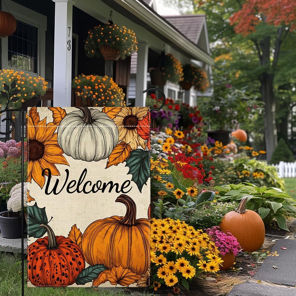 Fall Pumpkin Welcome Garden Flag for Outside 12x18 Inch Double Sided Burlap Autumn Thanksgiving Leaves Sunflower Flowers Farmhouse Holiday Rustic Outdoor Yard Flag Home Decorations - Image 3