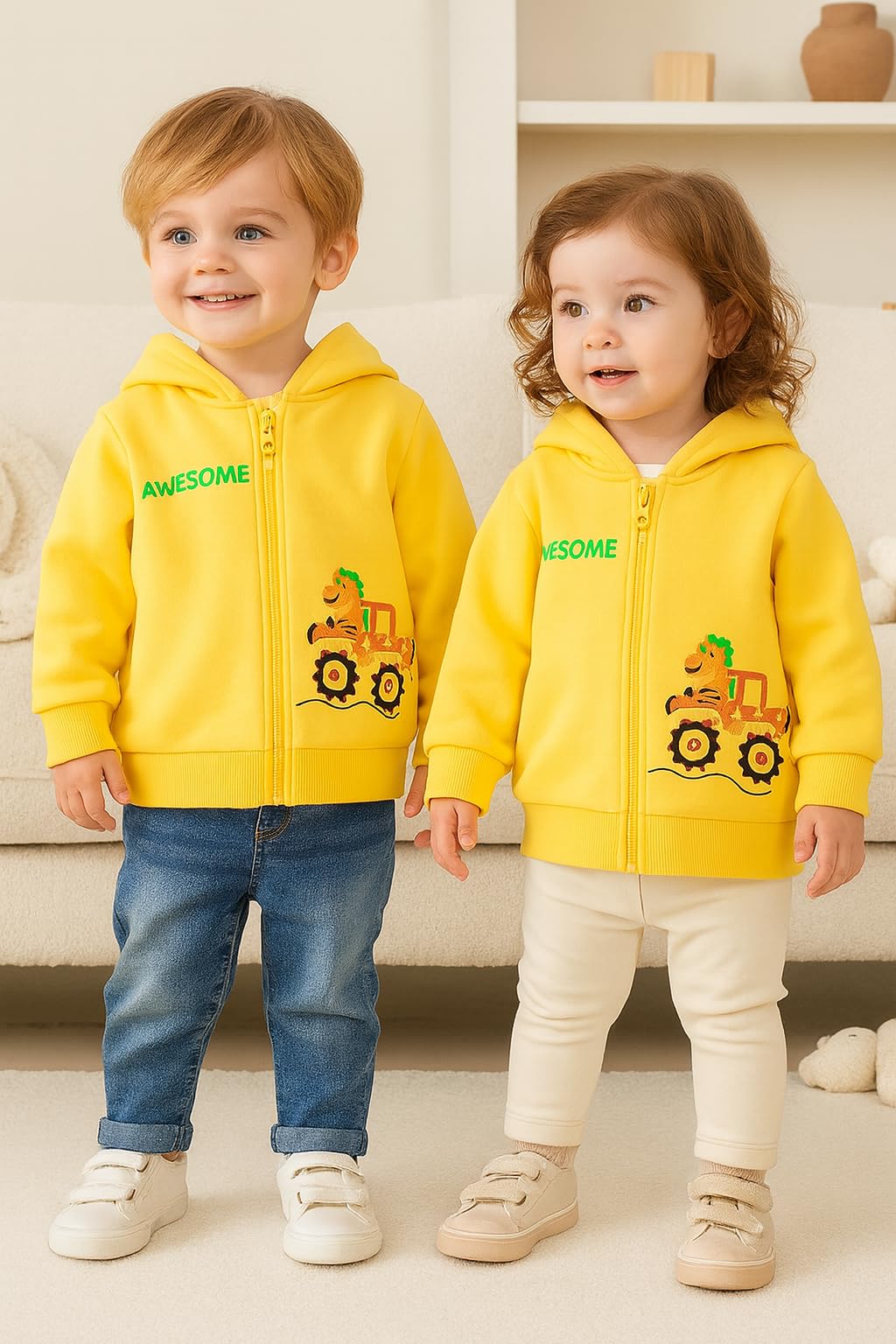 Bold N Elegant Kids Winter Warm Fleece Awesome Dinosaur Print Front Open Zipper Hoodie Regular Fit Sweatshirt for Infant Toddler Baby Boys & Girls (2-3 Years, Yellow) 1