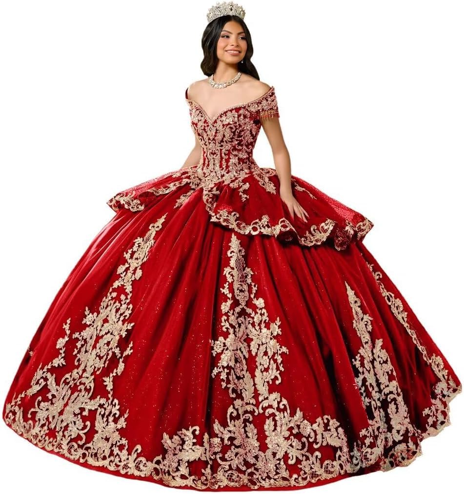Yifanier Puffy Tulle Quinceanera Dress with TRAI 3D Gold Lace Appliques Sparkly Lace Applique Quinceanera Dresses MT039
