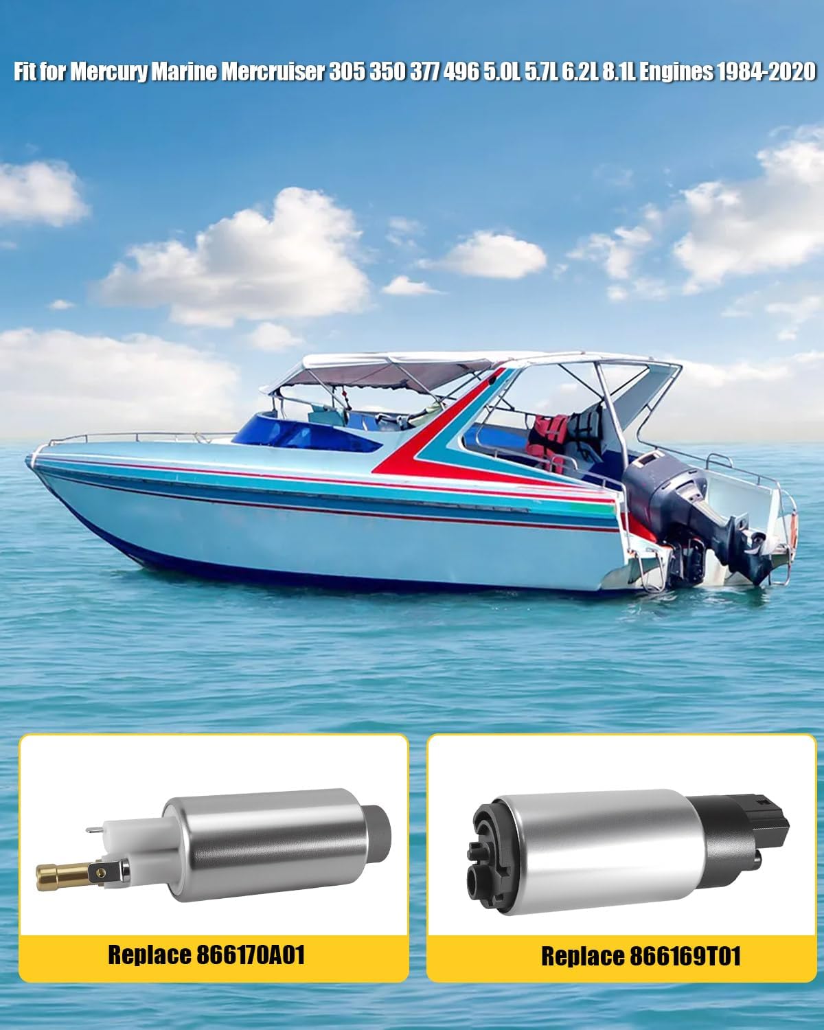 Dual High and Low Lift Pressure Fuel Pump Fit for Mercury Marine Mercruiser 305 350 377 496 5.0L 5.7L 6.2L 8.1L Engines, Replace 866170A01 866169T01