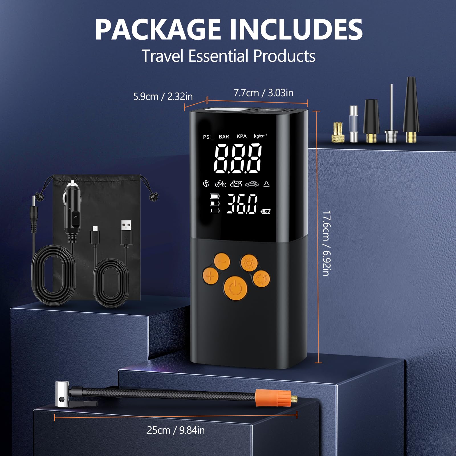 Compressore Aria Portatile, 180PSI Compressore Portatile per Auto con Batteria 25000mAh, Intelligente Un Clic Pompa Elettrica per Bicicletta, Moto e Altro Ancora con Misuratore di Pressione (nero)