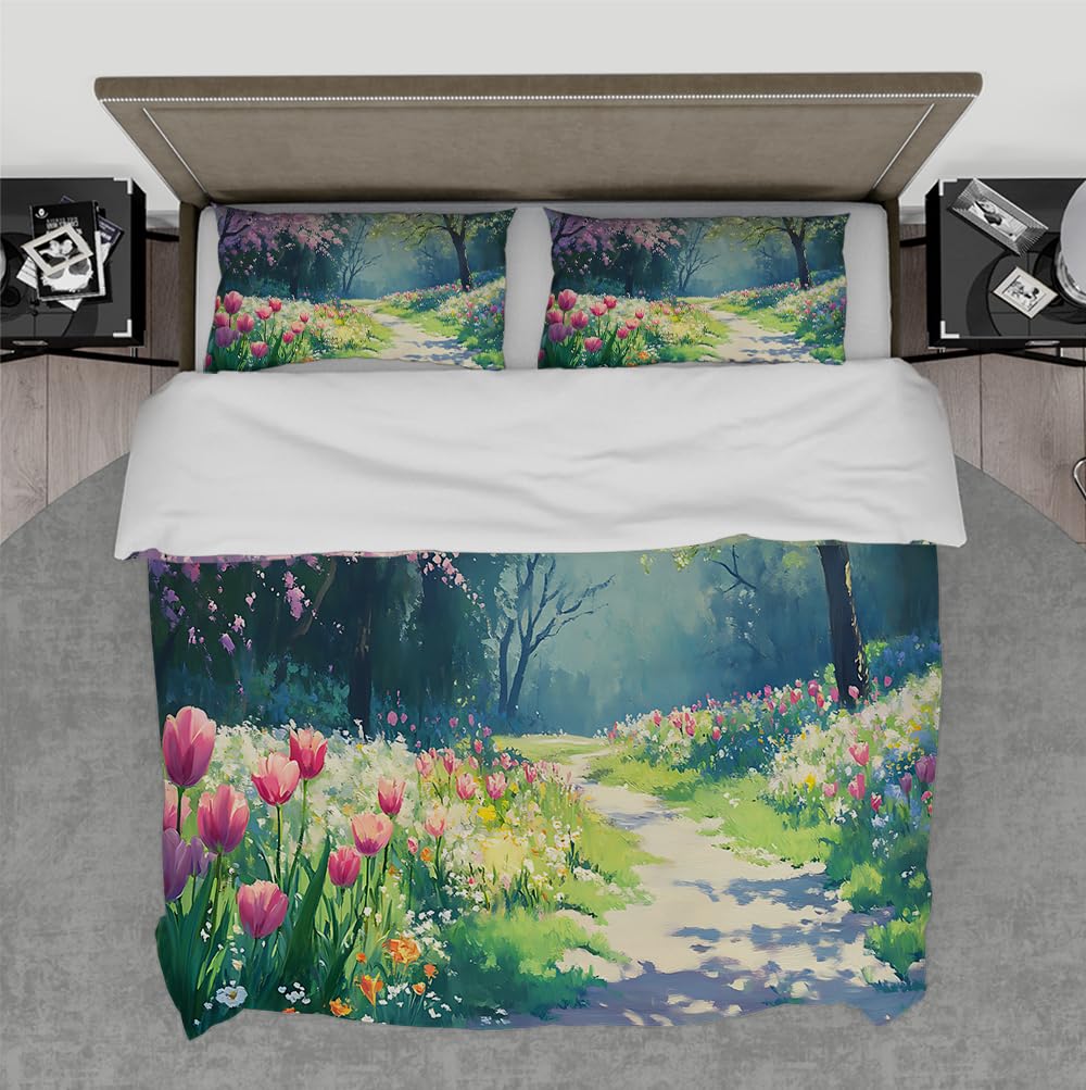 Housse de couette 155x220 tulipes pour literie anti-pli toutes saisons
