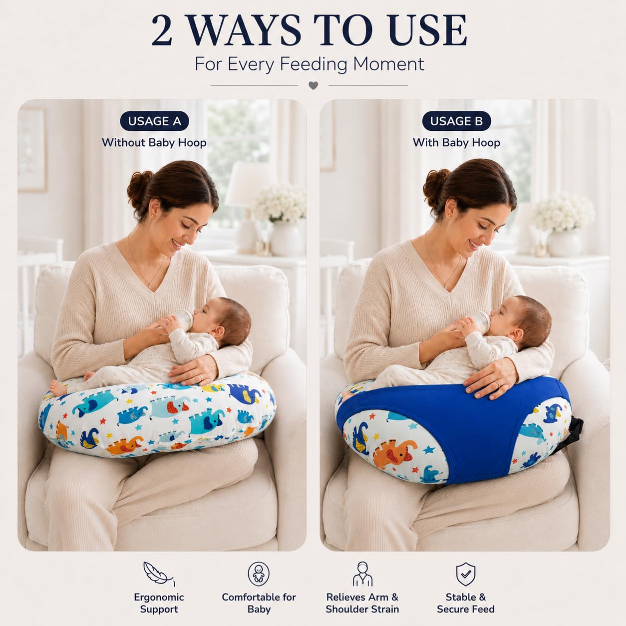 Kradyl Kroft 5in1 Baby Feeding Pillow with 100% Cotton Removable Cover | Breastfeeding Pillow | Nursing Pillow with Belt and Hoop (Cute Ellis) 2