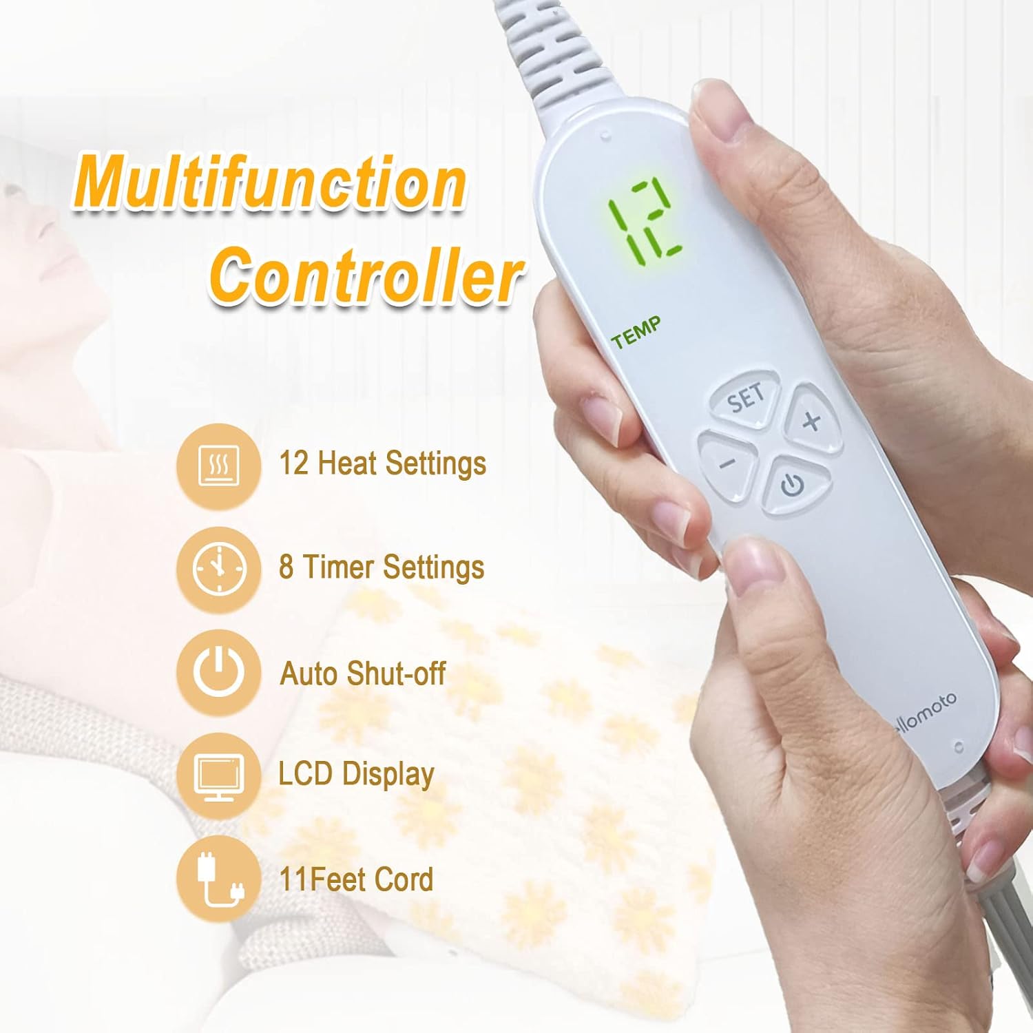 Electric Heating Pad for Back Pain Relief, 12 x 24Inch Ultra Soft Heat Pad - 12 Heat Levels, 8 Timers with Countdown, Machine Washable, Moist & Dry Therapy - FH01