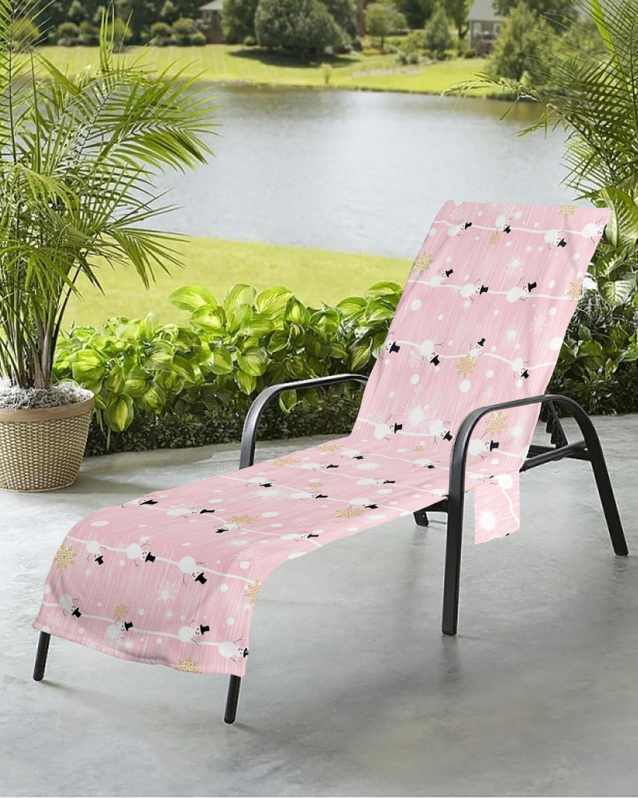 Pink Snowman Beach Chair Towel Covers for Chaise Lounge with Side Pocket, Soft Plush Pool Towels Cover for Patio Sunbathing Outdoor 29''x85'' Christmas Snowflake Gold White
